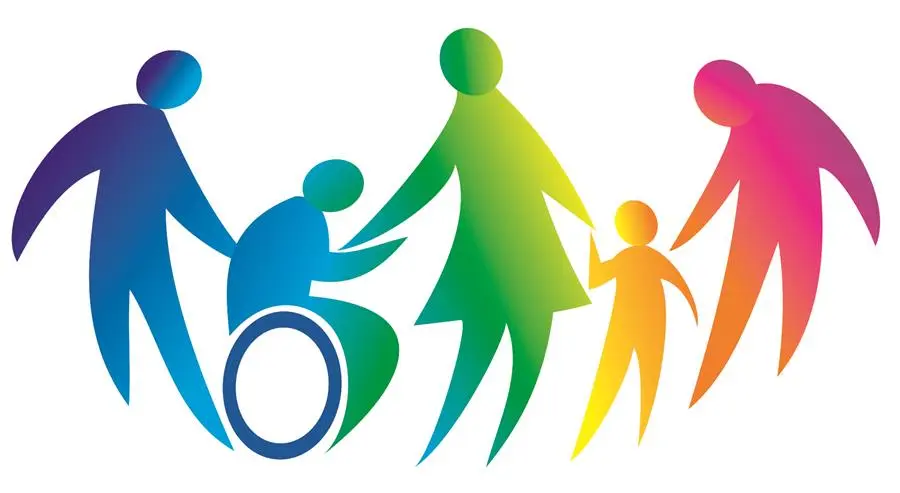 Disegno stilizzato di una famiglia con disabile, colorata con colori dell'arcobaleno