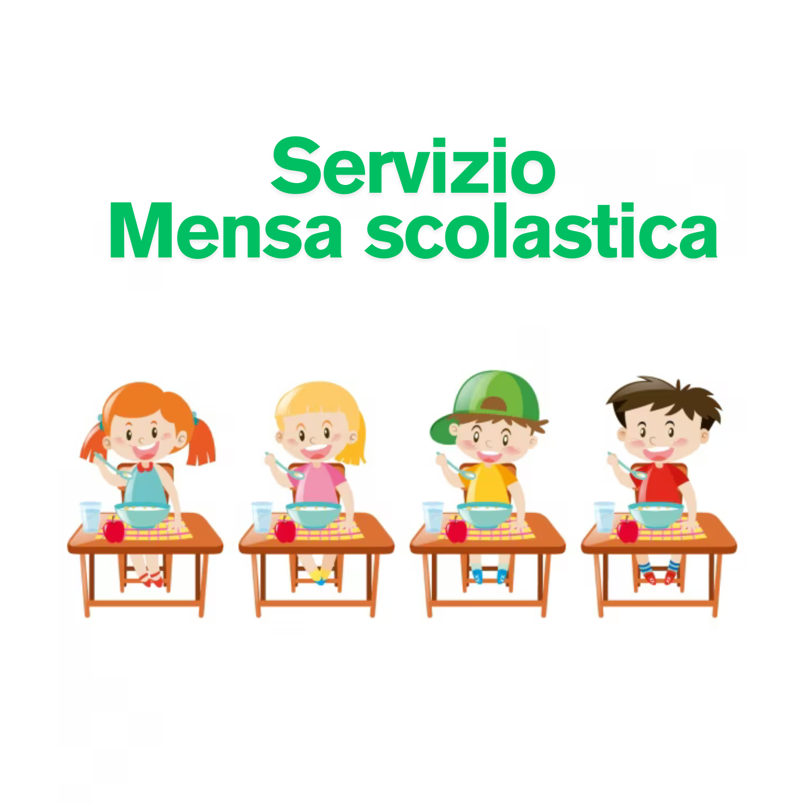 Immagine disegnata di bambini che mangiano in mensa e su scritto 