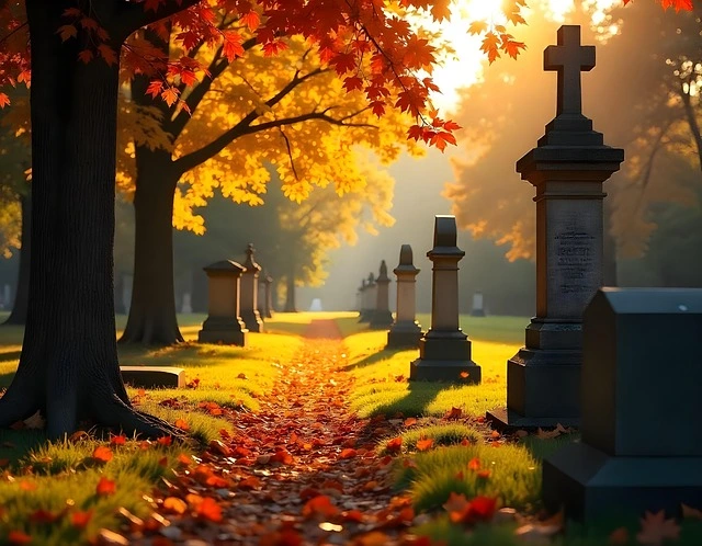 Immagine di un viale di cimitero con alberi e tombe