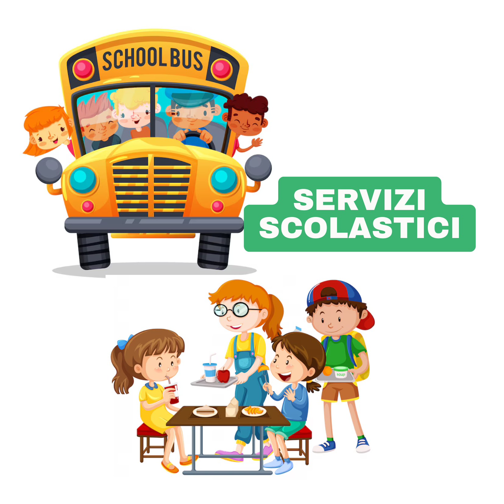 Immagine disegnata di un autobus per bambini e un gruppo di scolari a mensa