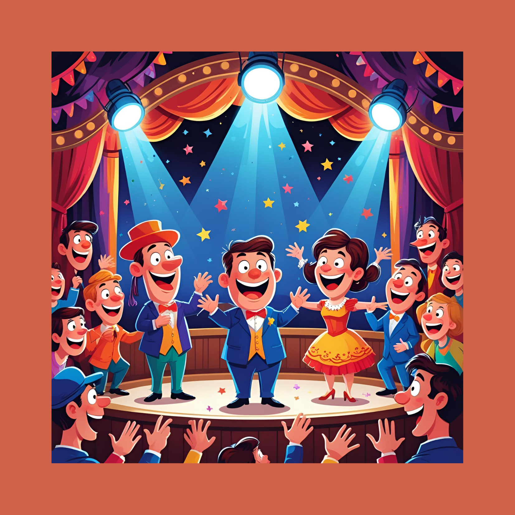 Immagine AI di attori in teatro in stile cartoon
