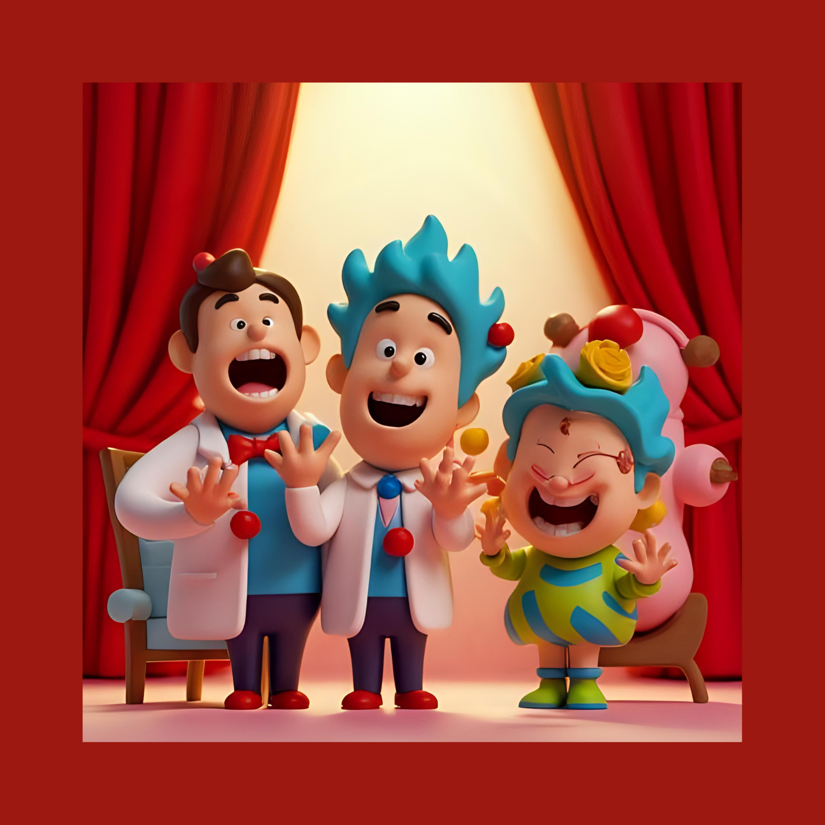Immagine in stile cartoon di medici su di un palco di teatro