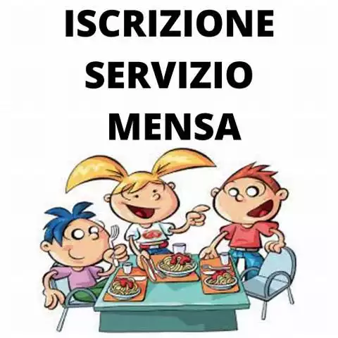Nell'immagine sono presenti tre bambini che mangiano a scuola e compare la scritta iscrizione servizio mensa