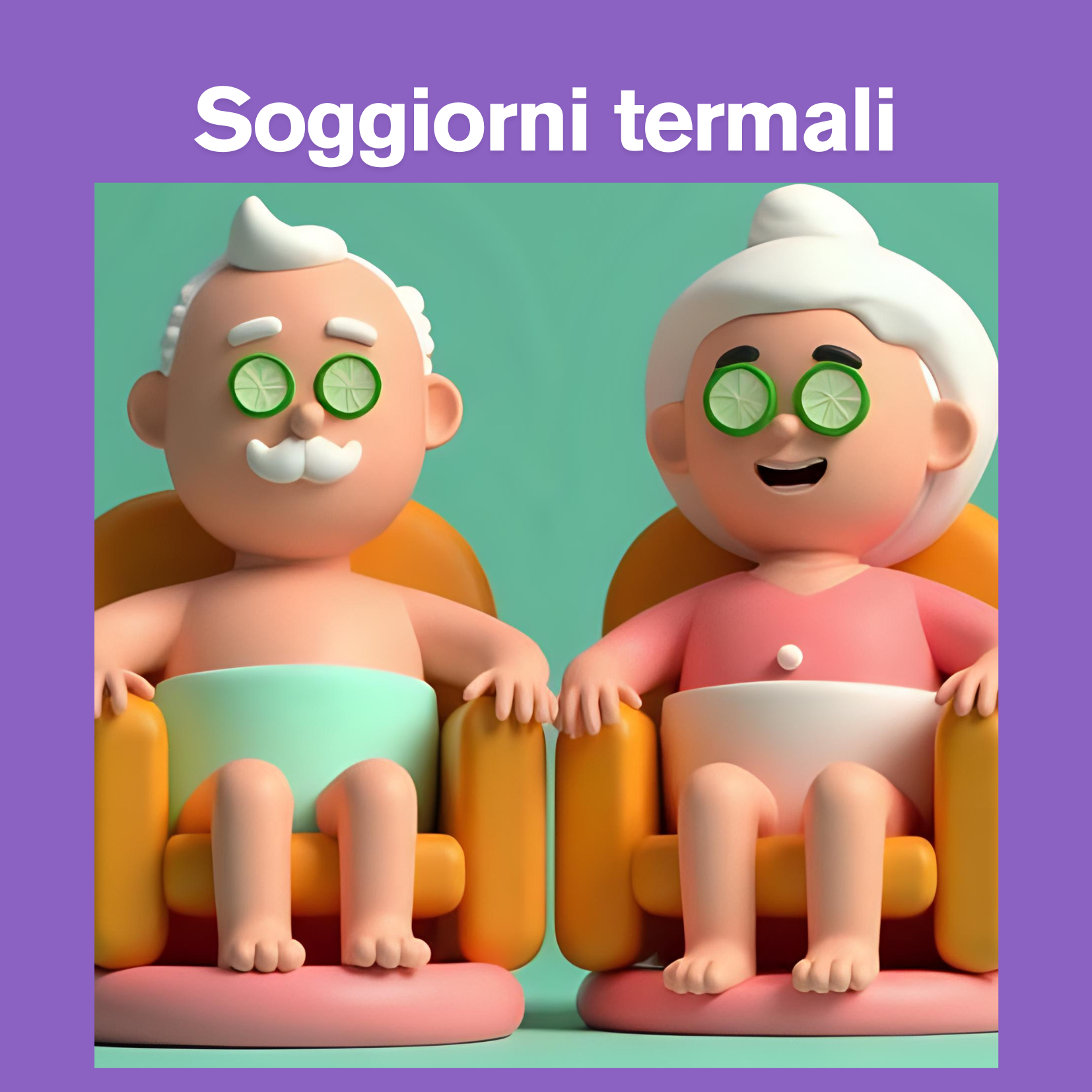Immagine,stile cartoon, di due anziani che si rilassano alle terme
