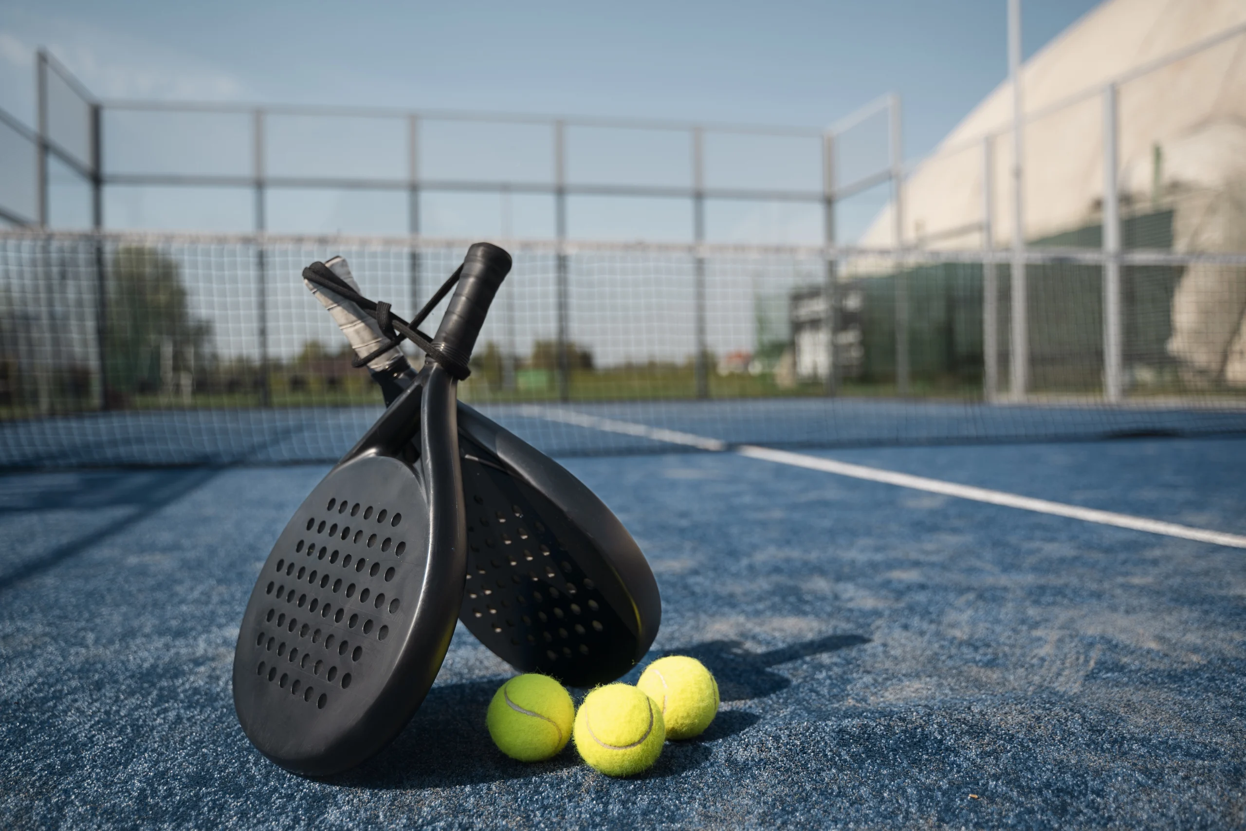 disposizione-delle-racchette-e-delle-palline-da-tennis Due racchette e delle palline su di un campo da padel