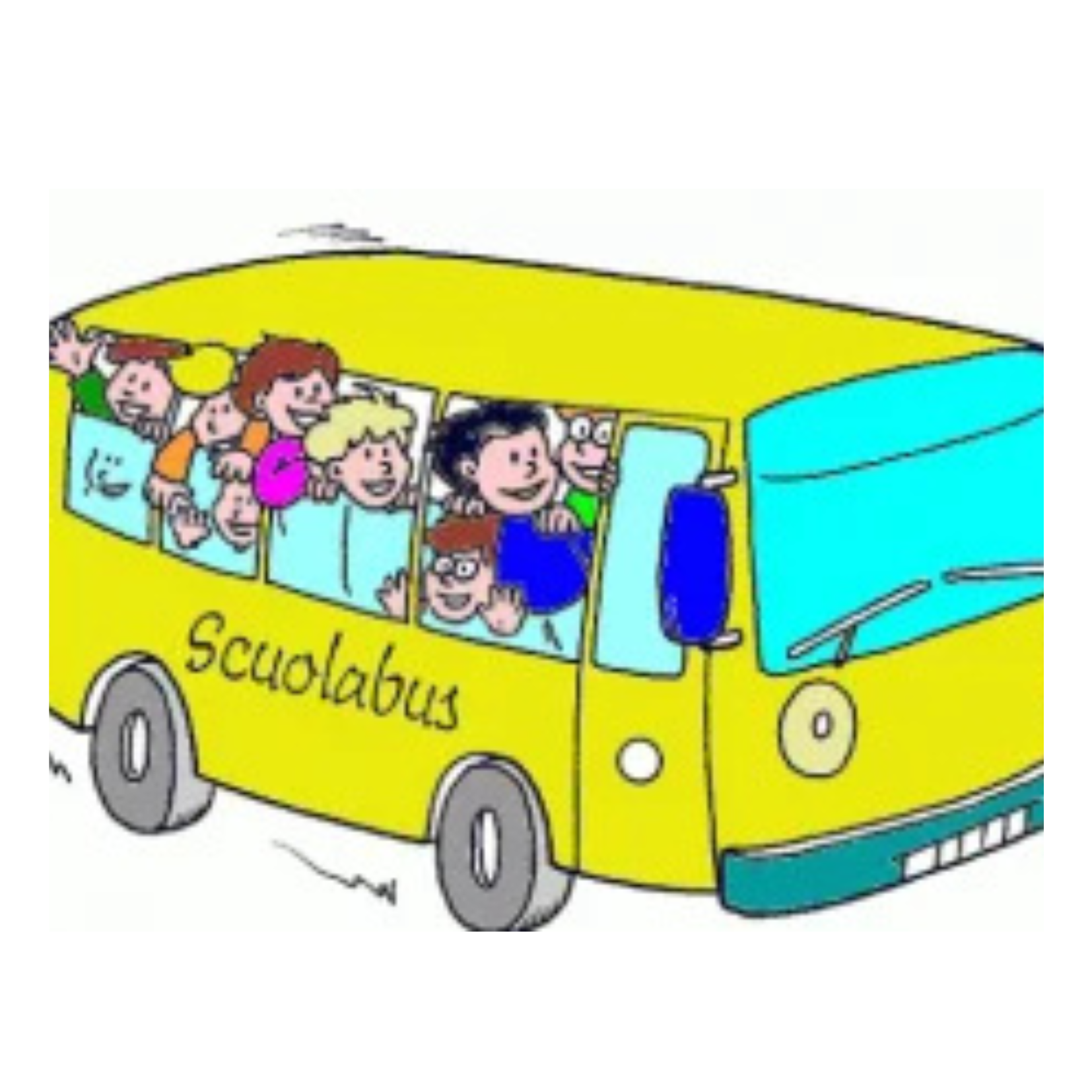Disegno di uno scuolabus con dei bambini all'interno e la scritta 