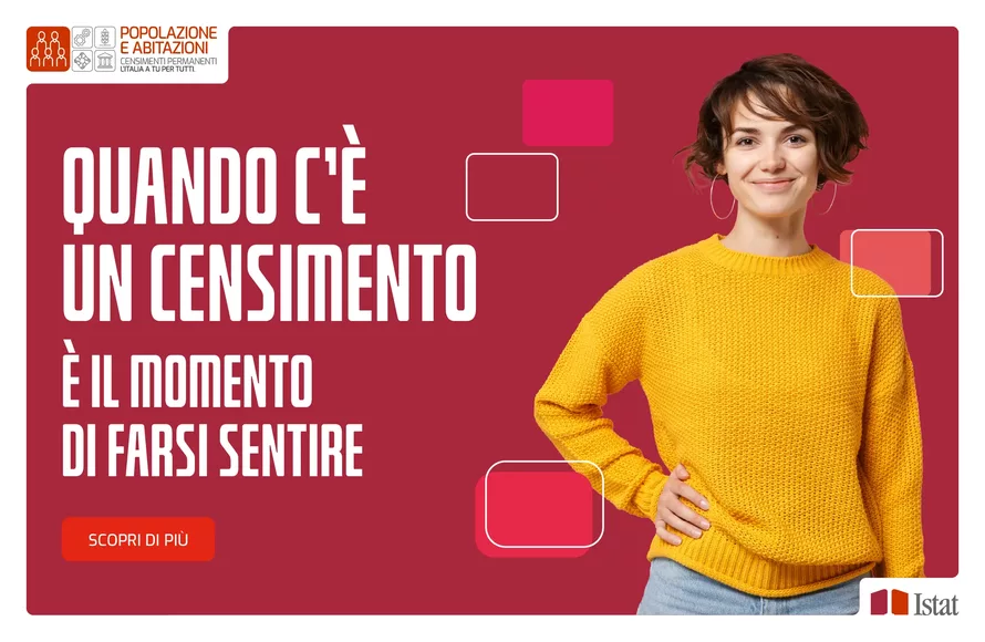 Locandina del Censimento della popolazione 2025, con una ragazza su uno sfondo rosso