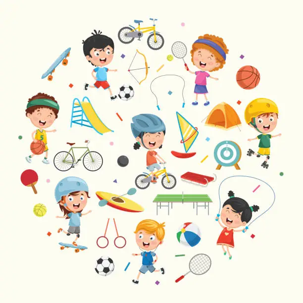 Bambini disegnati in cerchio che fanno vari tipi di sport