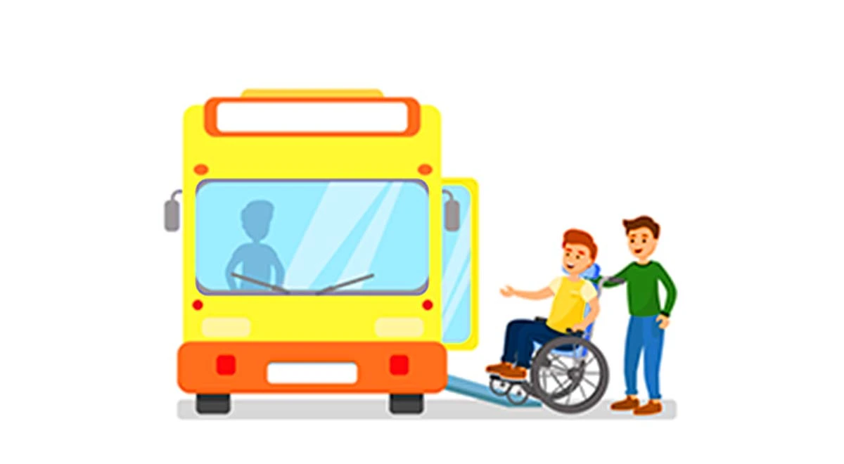 Disegno di un bus con rampa per disabili e due persone di cui uno in carrozzella
