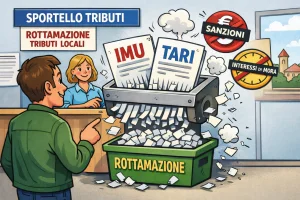 Immagine disegnata di cartelle esattoriali IMU e TARi che vengono distrutte
