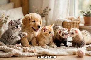 Immagine generata dall'IA che riproduce diversi animali, quali: gatti, cani, criceti